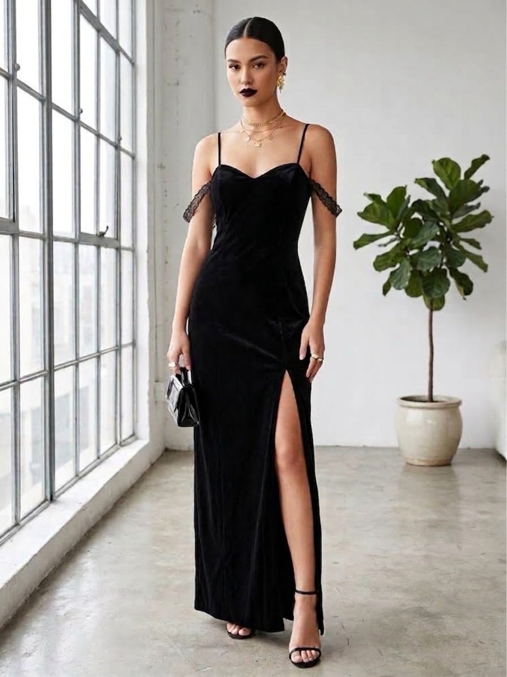 Vintage 90s Algo Black Velvet Maxi Dress Gown - US 4